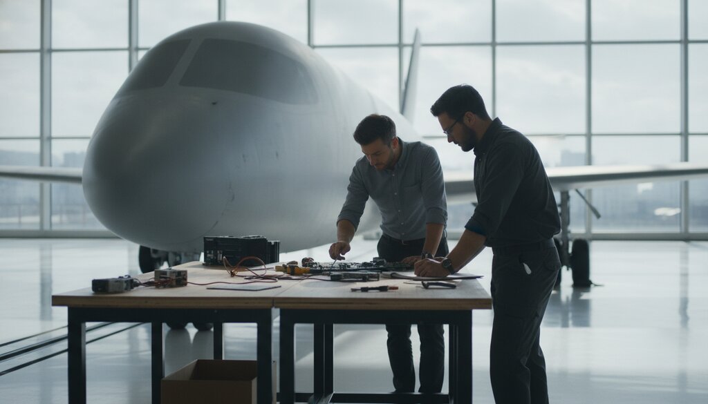 Ingenieurs werken in een hangar aan de romp van een licht vliegtuig