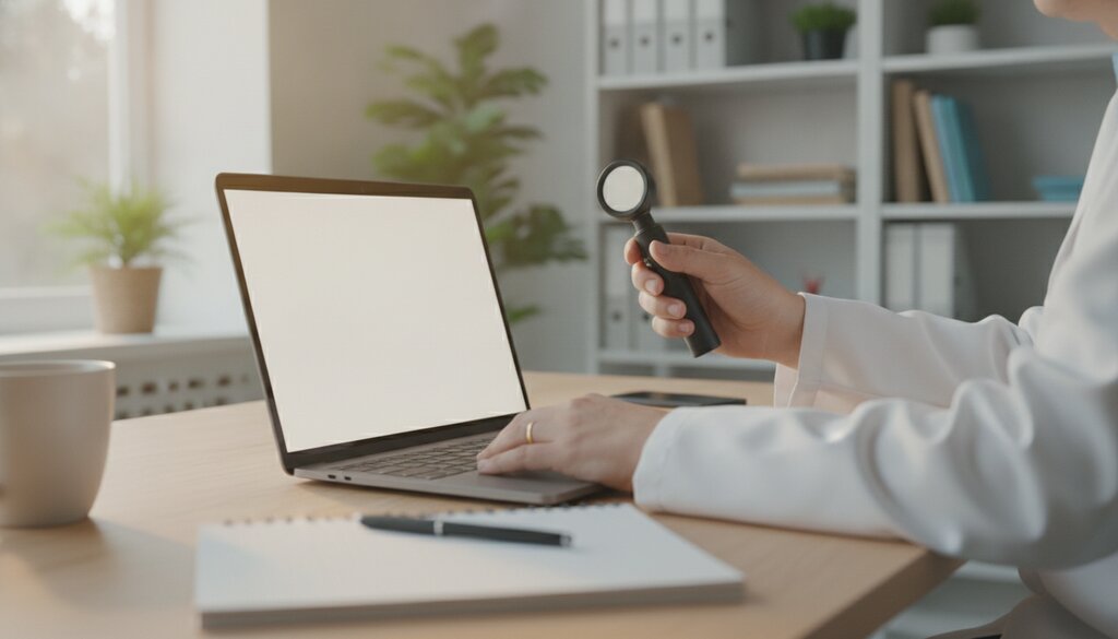 Onderzoeker met een dermatoscoop in de hand achter een laptop op een bureau