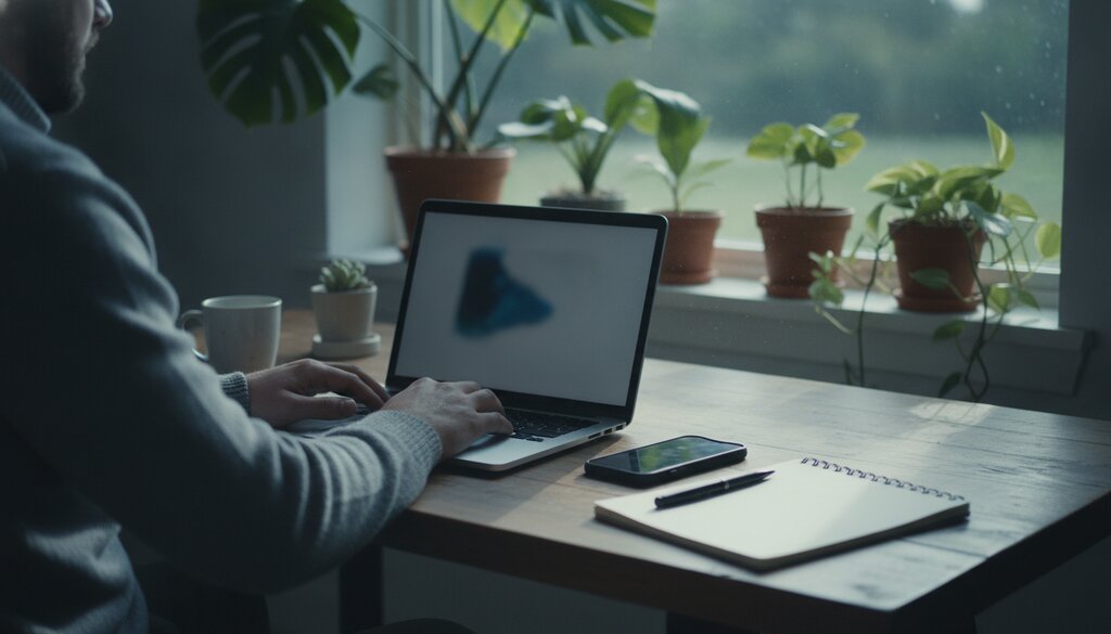 Man aan een thuiswerkplek met open laptop en telefoon naast een notitieblok