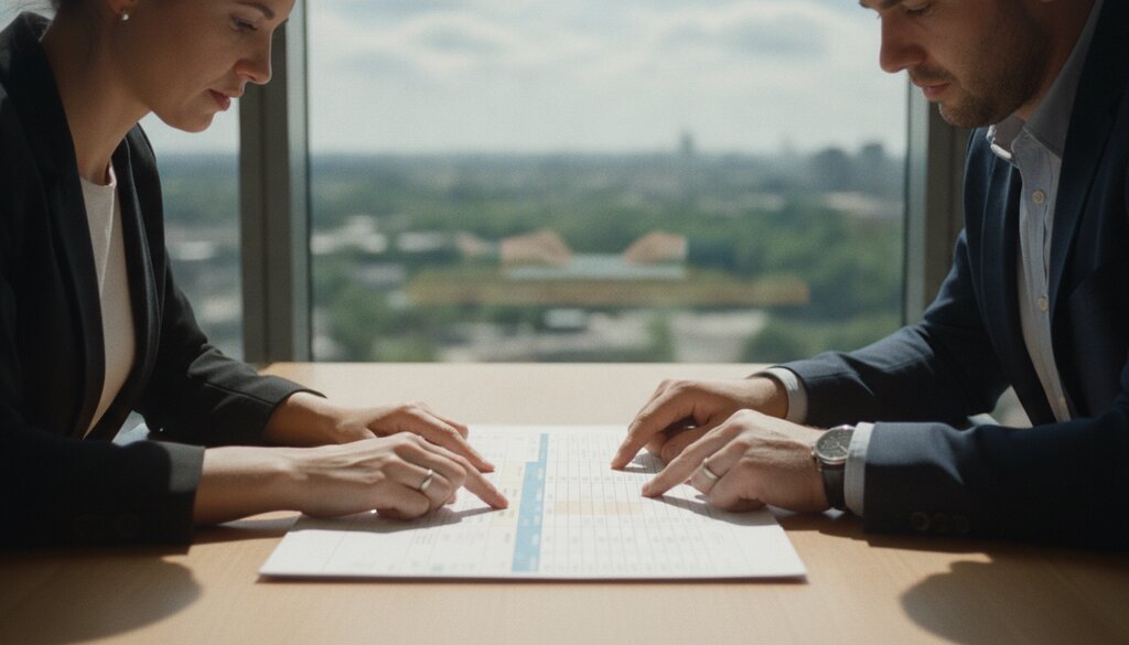 Twee collega's bespreken documenten aan een vergadertafel