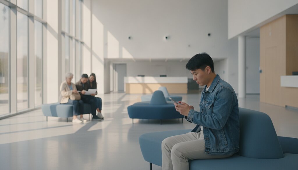 Jonge man zoekt op zijn telefoon informatie in de wachtruimte van een overheidsloket