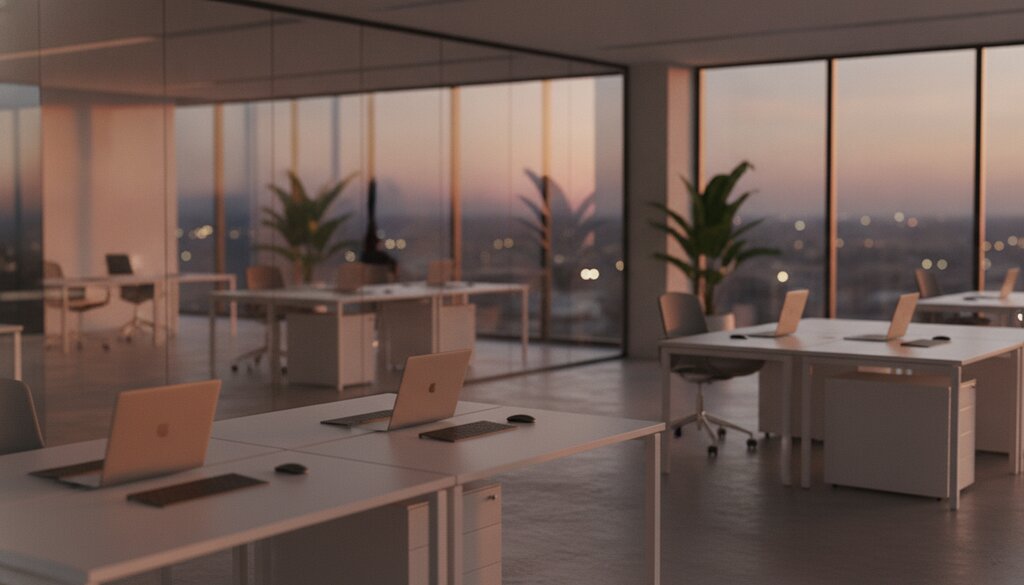 Leeg modern kantoor bij schemering met gesloten laptops en zacht licht