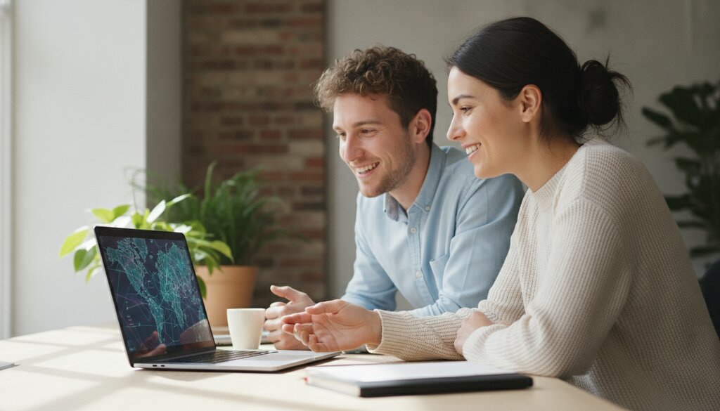 Twee softwareontwikkelaars bekijken samen een kaart op een laptop