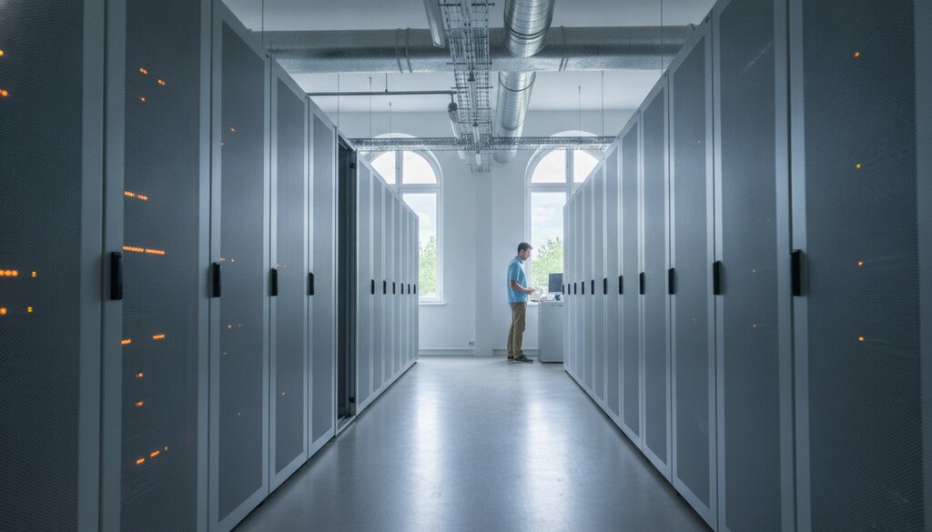 Serverruimte in een modern overheidsgebouw met een technicus op de achtergrond
