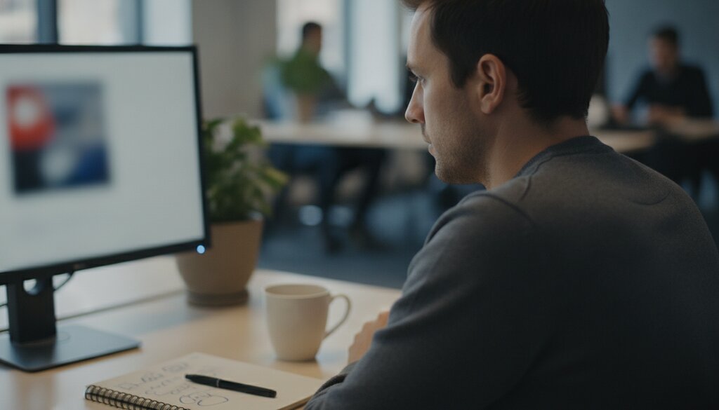 Man kijkt naar een computerscherm op een kantoor met koffie en notitieblok