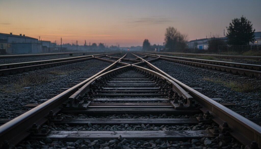 Spoorwisselaar bij zonsopgang waar sporen uiteenlopen