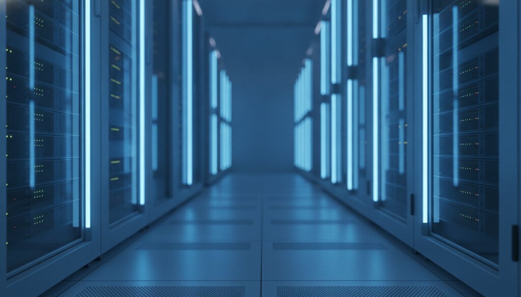 Serverrijen in een datacenter met zacht oplichtende racks