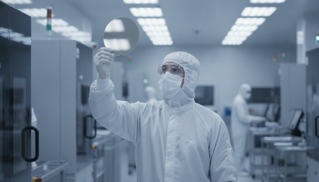 Technicus in cleanroompak bekijkt een siliciumwafer onder diffuus licht