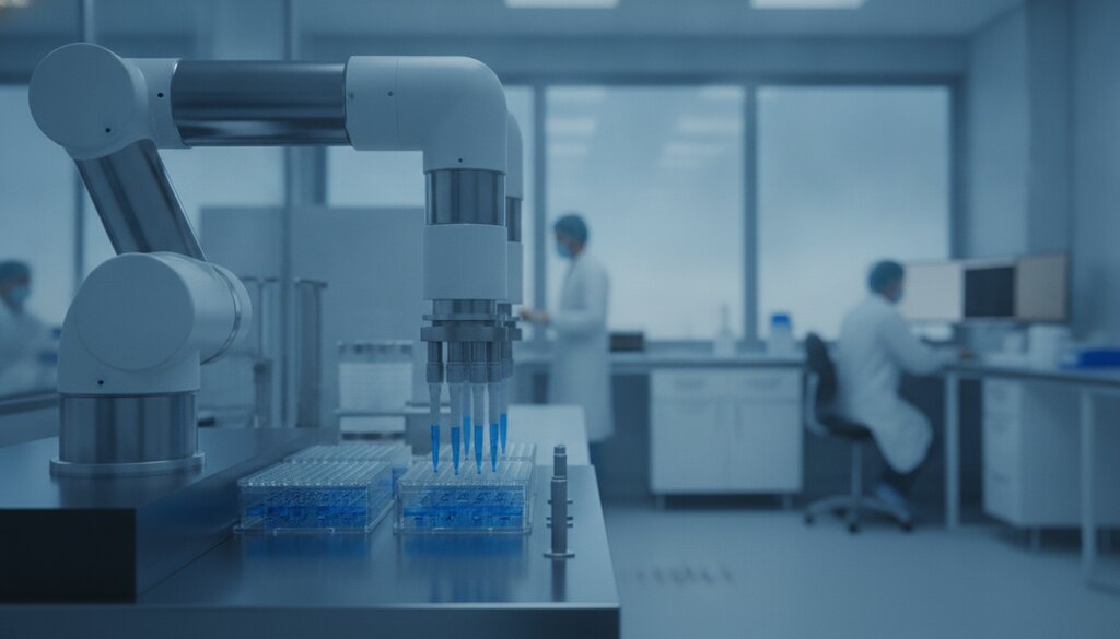 Pipetteerrobot vult platen in een geautomatiseerd onderzoekslab