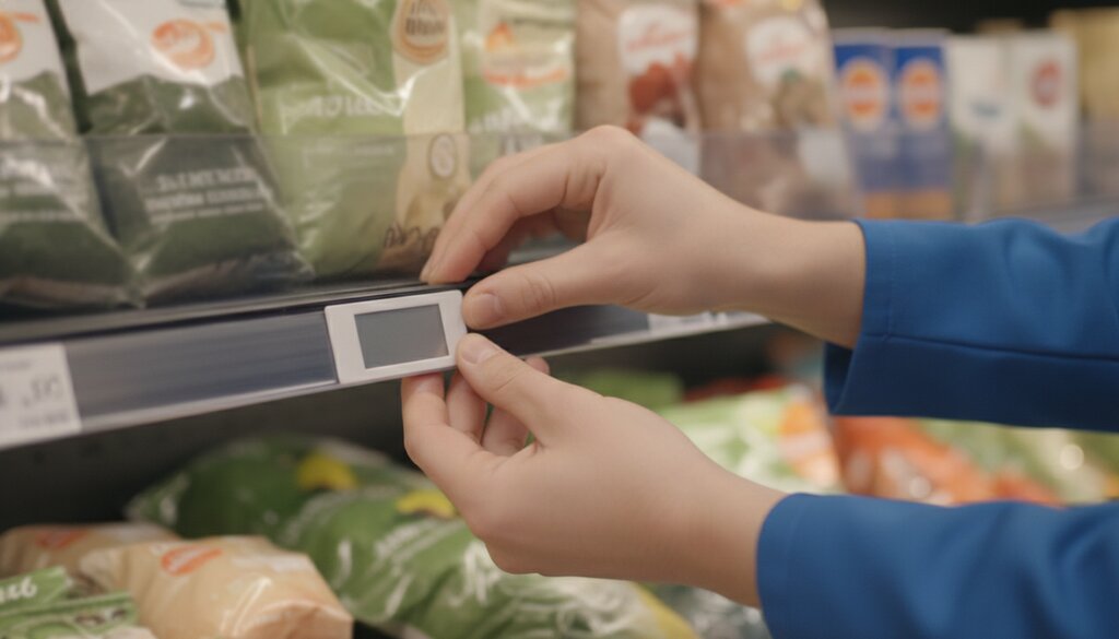 Medewerker plaatst een blanco elektronisch schaplabel aan de rand van een supermarktschap