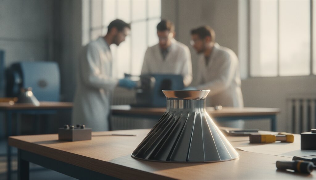 Prototype van een turbineblad op een werkbank in een werkplaats voor luchtvaarttechniek