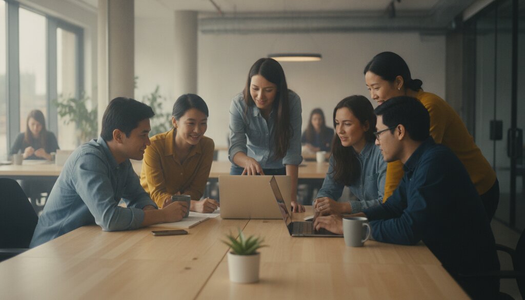 Team van softwareontwikkelaars overlegt rond een laptop in een open kantoor