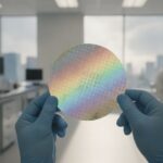 Hand met handschoenen houdt een siliciumwafer omhoog in een chiplab