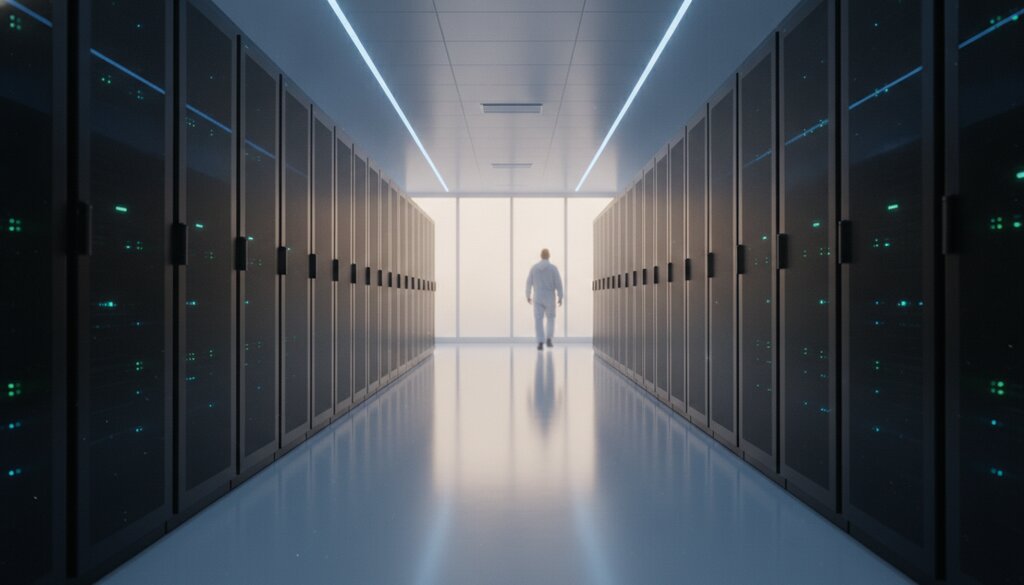 Gang in een modern datacenter met rijen serverkasten