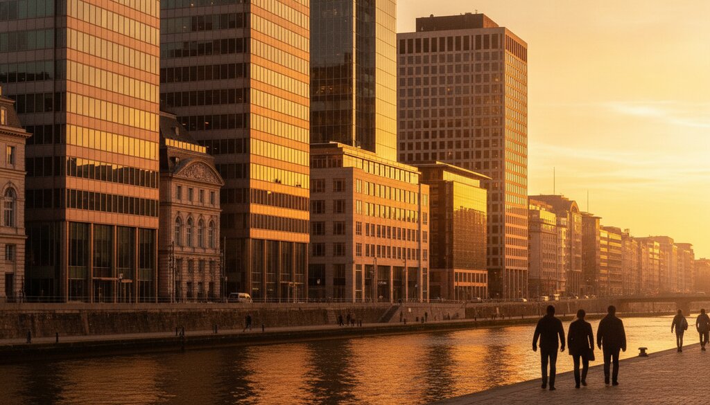 Europees zakendistrict met glazen kantoortorens en historische panden langs een rivier bij zonsondergang