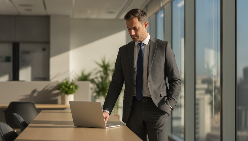 Professional bekijkt AI-toepassing op een laptop in een licht kantoor
