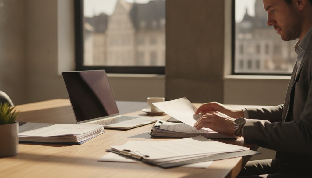 Compliance-medewerker bekijkt documenten aan een bureau in een Europees kantoor