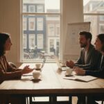 Jonge oprichters van een Europese AI-startup overleggen aan een houten tafel in een kantoor aan de gracht