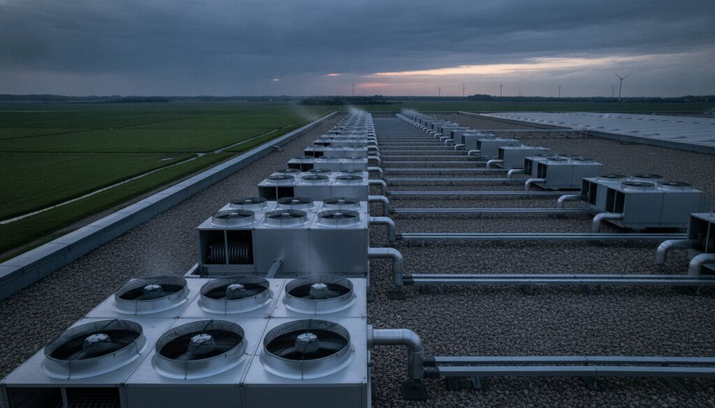 Koelinstallaties op het dak van een datacenterloods in Nederlands polderlandschap