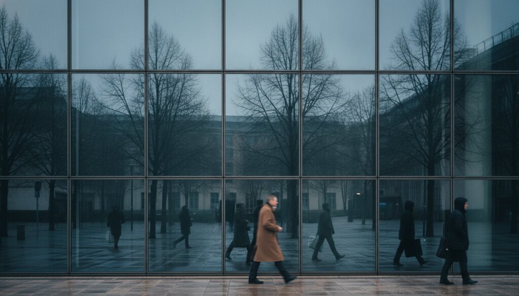 Glazen gevel van een Europees overheidsgebouw op een bewolkte middag