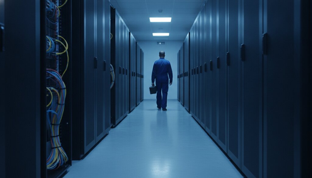 Serverrijen in een Europees datacenter met technicus in het gangpad
