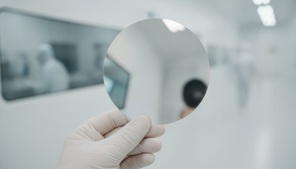 Hand met handschoen houdt een siliciumwafer vast in een chipfabriek