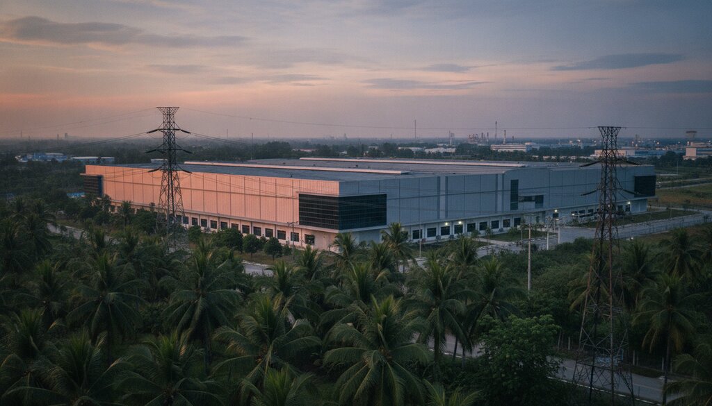 Datacentergebouw op een industrieterrein in Zuidoost-Azië bij zonsondergang