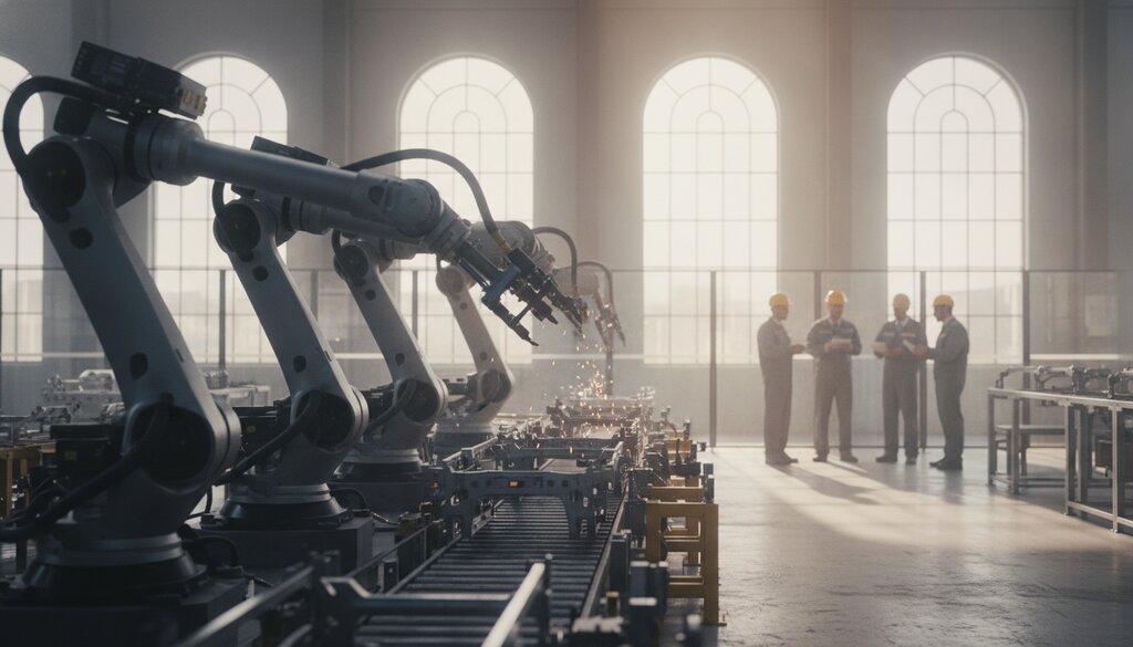 Meerdere robotarmen werken aan een geautomatiseerde fabrieksmontagelijn
