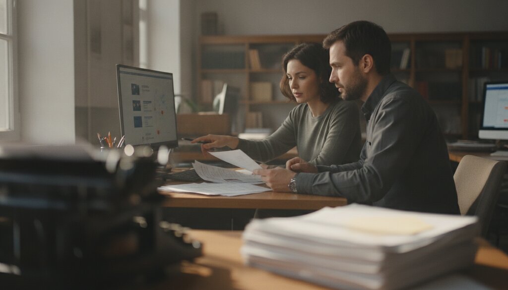 Twee journalisten vergelijken documenten op papier en op een monitor