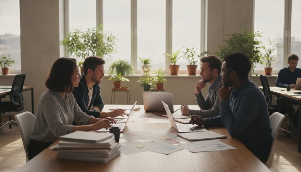 Onderzoekers werken samen aan een lange tafel in een lichte redactieruimte
