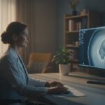 Radioloog bekijkt een CT-scan op een monitor in een ziekenhuis