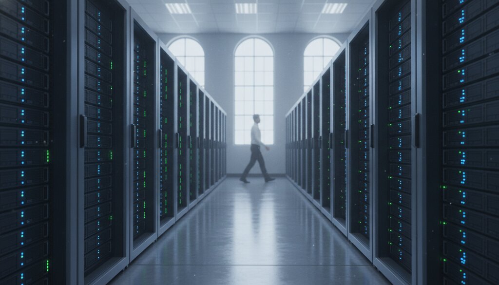 Medewerker loopt door een gang met serverkasten in een overheidsdatacenter