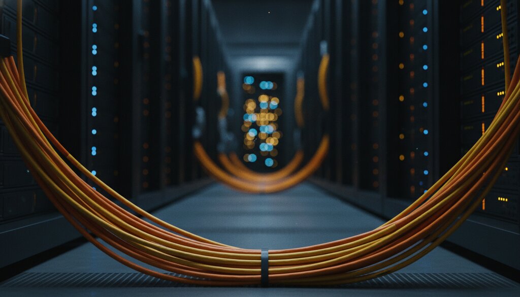 Donkere datacentergang met serverracks en bundels oranje glasvezelkabels