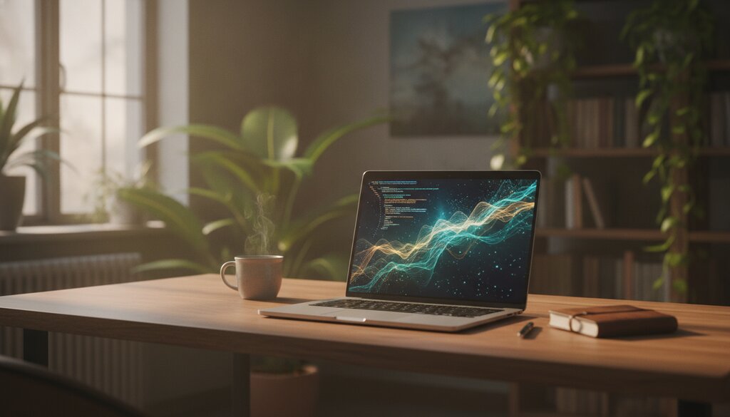 Rustige AI-onderzoeksruimte met een laptop op een houten bureau in warm ochtendlicht