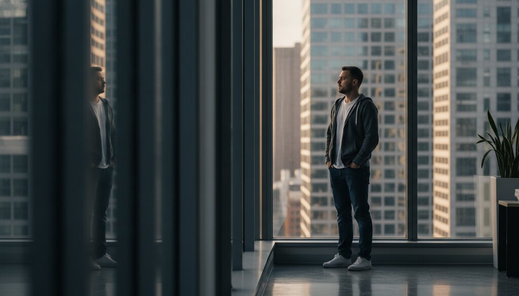 Software-engineer kijkt vanuit een kantoorgang uit over de stad