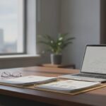 Bureau van een onderzoeker met een dossier en laptop