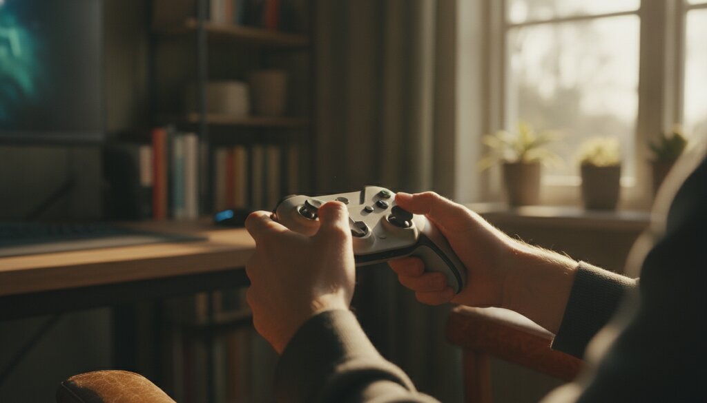 Handen op een gamecontroller aan een bureau, monitor onscherp op de achtergrond