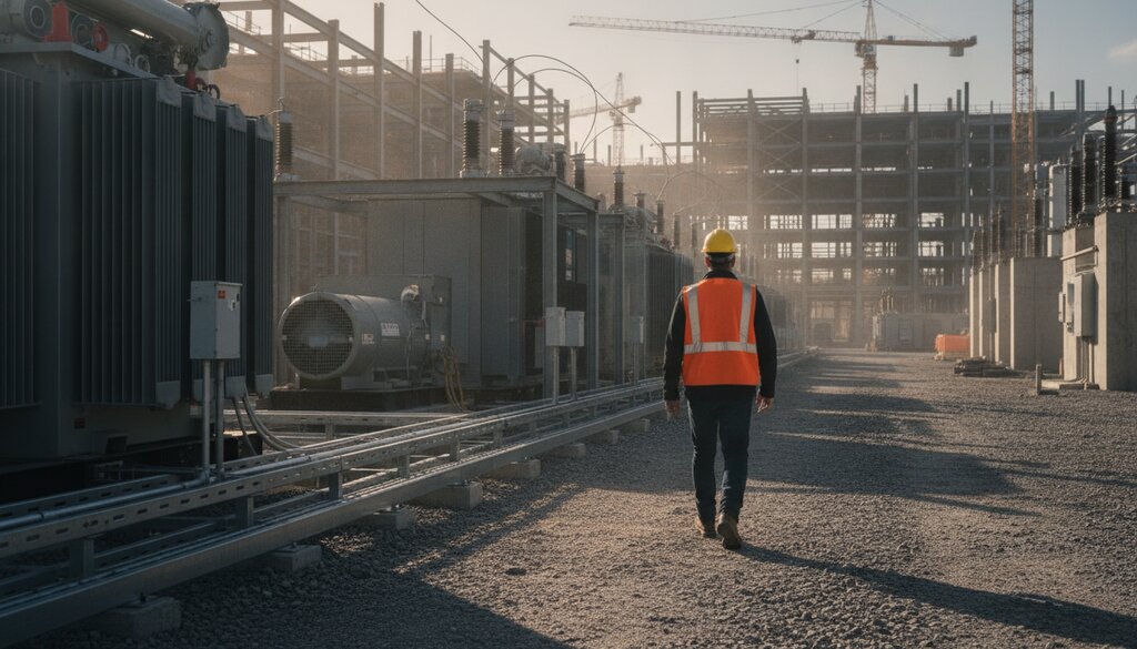 Technicus loopt langs stroomapparatuur en kabelgoten op een datacenterbouwplaats