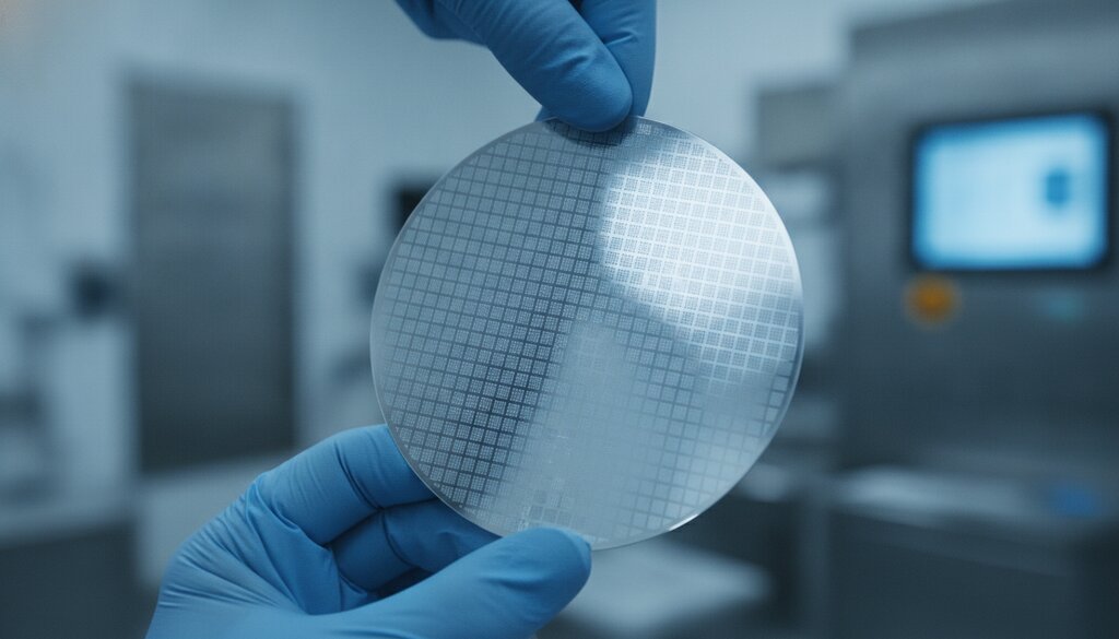Geavanceerde halfgeleiderwafer wordt met handschoenen vastgehouden in een laboratorium