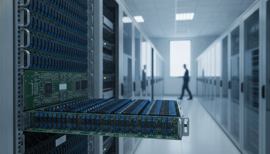 Geheugenmodules op een printplaat voor een rij serverracks in een datacenter