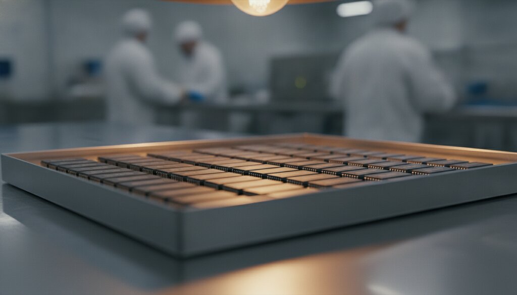Tray met geheugenchips op een werkbank in een elektronicafabriek