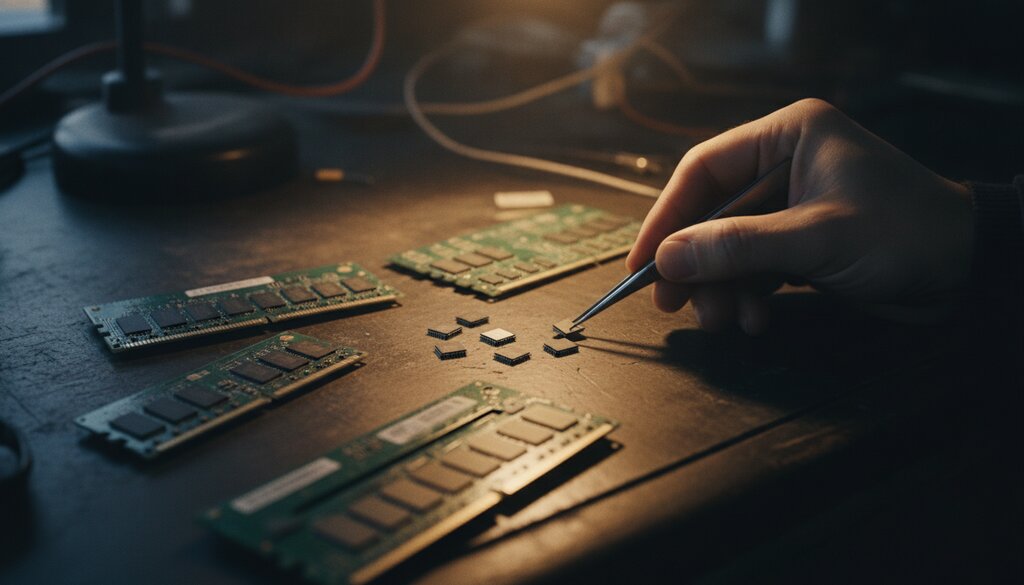 Geheugenmodules en chips op een werkbank in een elektronicalab, hand met pincet
