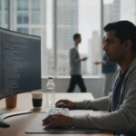 Beveiligingsspecialist bekijkt code op een monitor in een licht kantoor