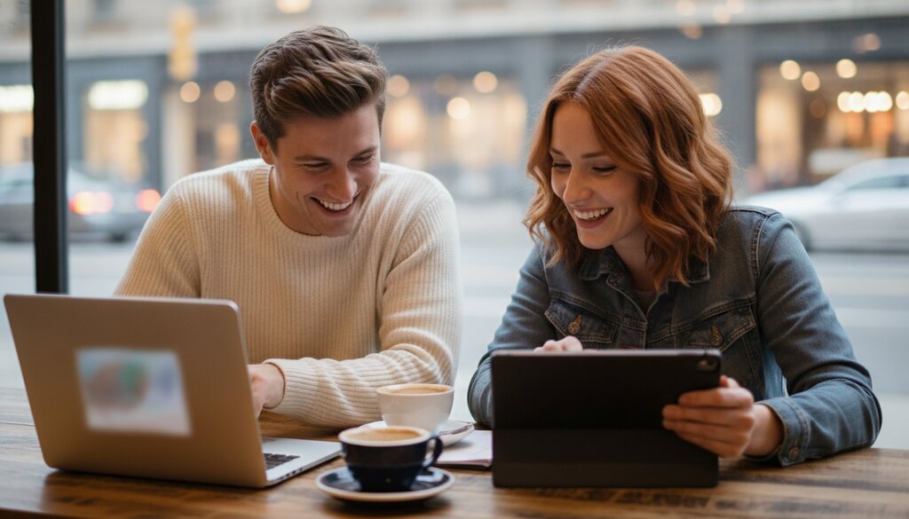 Twee collega's vergelijken een laptop en tablet aan een cafétafel