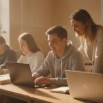 Leerlingen werken op laptops in een lokaal terwijl een docent meekijkt