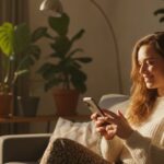 Vrouw op de bank kijkt glimlachend naar haar smartphone met een AI-assistent