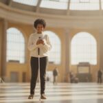 Persoon met witte stok in een stationshal houdt een smartphone voor zich
