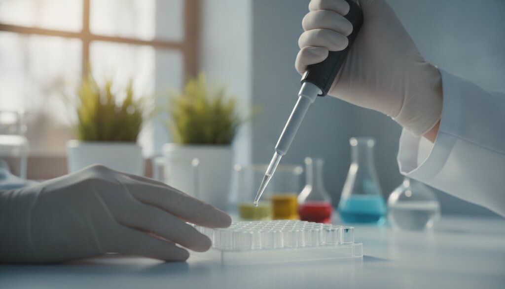 Onderzoeker met handschoenen pipetteert monsters in een plaat in een zonnig laboratorium