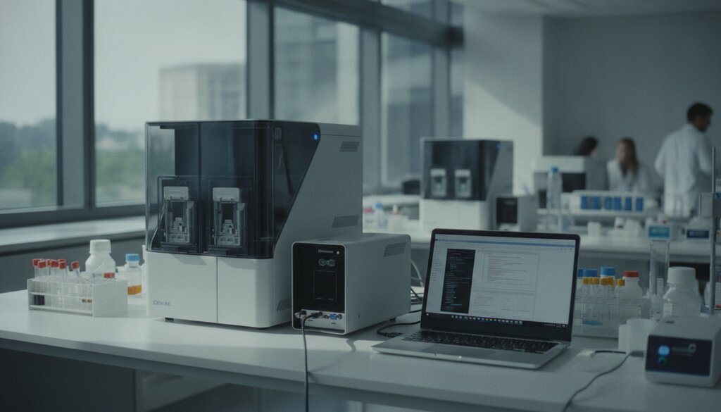 Laboratoriumtafel met DNA-sequencing-apparatuur en een laptop voor genomica-onderzoek