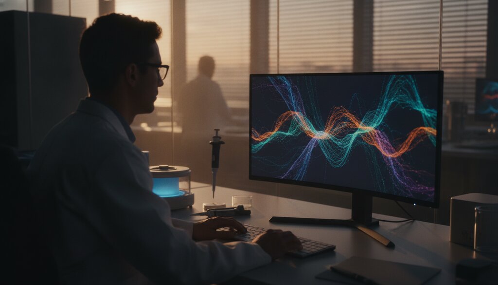 Onderzoeker achter een beeldscherm met genoomsequenties in een lab